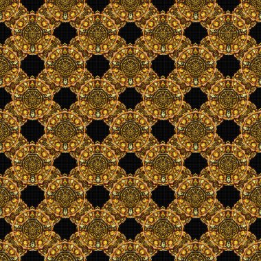 Tasarım, tekstil veya kumaş için turuncu, sarı ve yeşil renklerde vektörsüz çiçek deseni. Vektör illüstrasyonu.