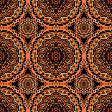 Vektörsüz damaske deseni, klasik duvar kağıdı, arka plan. Siyah arkaplanda kırmızı, turuncu ve kahverengi renkli süsleme kenarlığı.