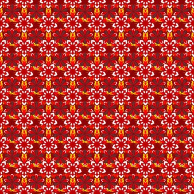 Tasarım daveti, baskı, kart, duvar kağıdı, tekstil veya kumaş için vektör baskısı. Motley süslemesi turuncu, kırmızı ve pembe renklerle kusursuz desen.