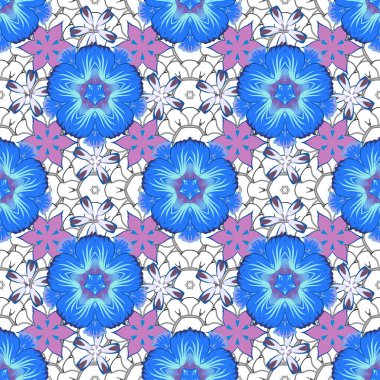 Stock vektör illüstrasyonu. Soyut çiçeklerin kusursuz deseni mavi ve mor renklerde. Klasik stil.