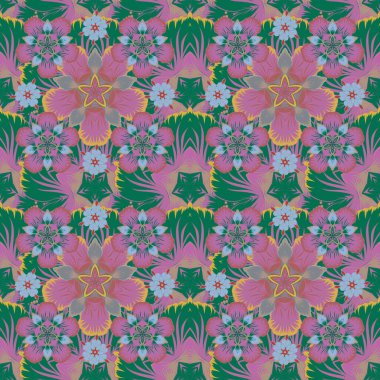 Vektör çizimi. Yeşil, pembe ve mavi renkli şirin çiçeklerle kusursuz desen..