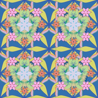 Moda baskıları için zarif bir şablon. Sarı, mavi ve bej renkli küçük çiçeklerle kusursuz desen. Ditsy çiçekli arka plan. Küçük çiçekte şirin desen.