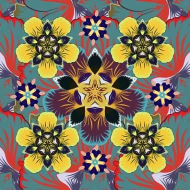 Tasarım daveti, baskı, kart, duvar kağıdı, tekstil veya kumaş için vektör baskısı. Motley süslemesi mavi, gri ve sarı renklerle kusursuz desen.