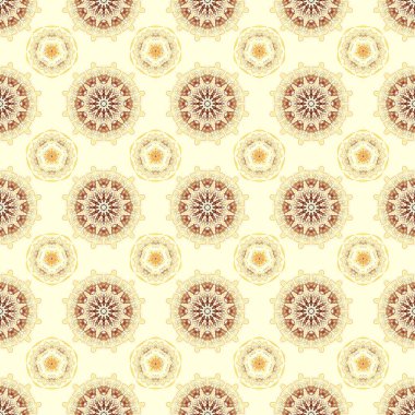 Halılar, tekstil, duvar kağıtları ve herhangi bir yüzey için şablonlar. Doğulu, süslü. Sarı, turuncu ve bej renklerinde kusursuz bir desen..