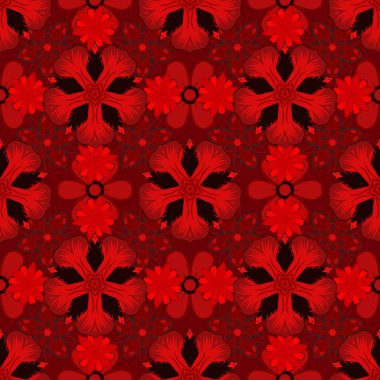 Vektör karışık yıldız deseni, yıldız süslemeleri, siyah ve kırmızı ızgara. Lüks, yıldızlı, pürüzsüz bir düzen..