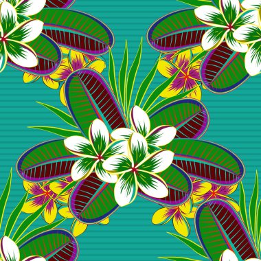 Çiçek izi. Mavi, sarı ve yeşil renklerde modern, renksiz çiçek deseni. Tekrarlanan vektör plumeria çiçek deseni.