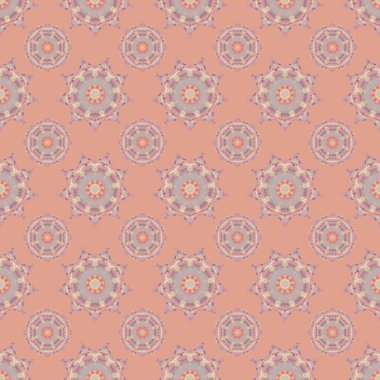 Vektör tarzı süs. Şam, mor, bej ve pembe renklerde pürüzsüz desen. Soyut çiçekli kraliyet duvar kağıdı.