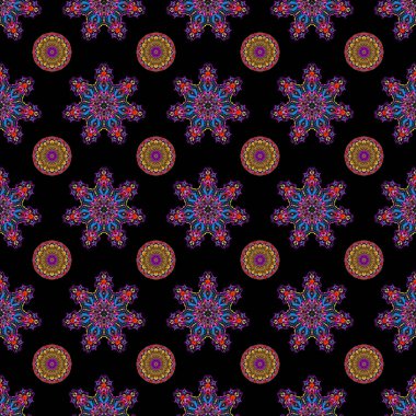 Siyah arkaplandaki soyut çiçekler. Kraliyet duvar kağıdı. Vektör tarzı süs. Damask, mor, kahverengi ve mor renklerde, kusursuz çiçek deseni..