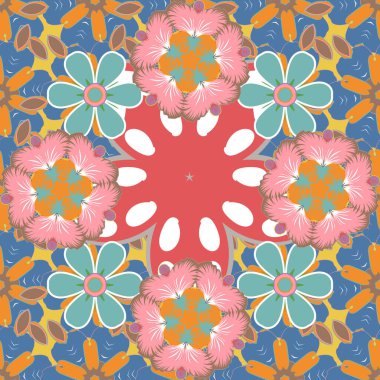 Pembe, mavi ve yeşil renklerde yapraklar ve tropik çiçeklerle kusursuz arka plan deseni. Vektör illüstrasyonu.