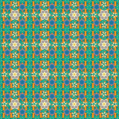 Kusursuz raster süsü. Kahverengi, mavi ve yeşil tekrarlayan elementlerle modern geometrik kusursuz desen.