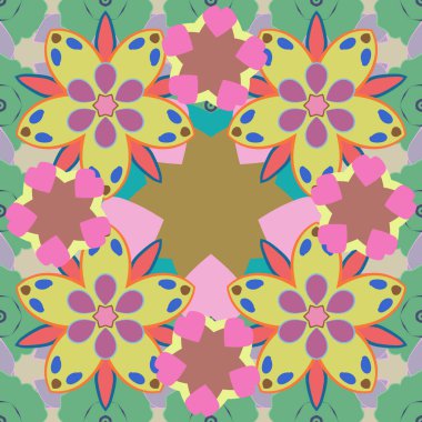 Bir sürü çiçeğin görüntüsüyle kusursuz bir desen. Pembe, yeşil ve sarı renkli küçük sevimli çiçekler. Ditsy biçim vektör çizimi.