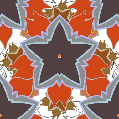 Gri, kahverengi ve turuncu dairesel mandala, yıldızlar ve kar taneleri elsments ile geleneksel süsleme arkaplan vektörsüz desen.