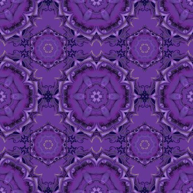 Ikat damaske desensiz arkaplan fayansı mor, mavi ve mor renklerde.