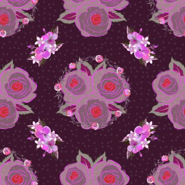 Gül çiçekleri ve yapraklarıyla vektör çizgili, pürüzsüz desen. Pembe, mor ve menekşe rengi duvar kağıtları. Geleneksel kusursuz desen. Kumaş, tekstil, ambalaj kağıdı için dekoratif süs.