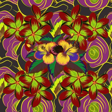 Vektör çizimi. Yeşil, kırmızı ve sarı amfibik desenli. Suluboya tarzında tropik çiçeklerle vektörsüz desen.