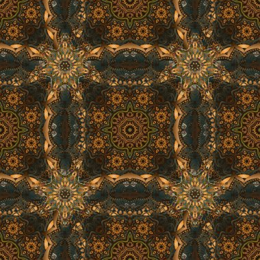 Turuncu, kahverengi ve yeşil arkaplansız çiçek süsleme deseni. Tebrik kartı, sunum veya düğün davetiyeleri için soyut arabesk arkaplanı. Geleneksel gotik damask arkaplanı.