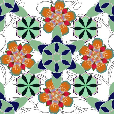 Motley süsleme deseni yeşil, mavi ve turuncu renklerde. Tasarım daveti, yazdırma, kart, duvar kağıdı, tekstil veya kumaş için vektör baskısı.