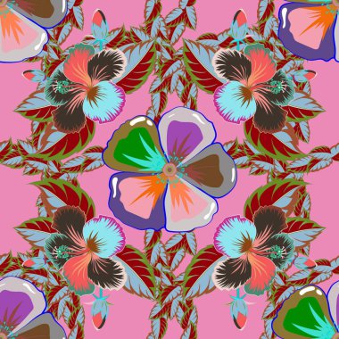 1950-1960 motifleri. Mavi ve pembe renkli çiçek açan ipek eşarp. Retro tekstil tasarım koleksiyonu. Sonbahar renkleri. El çizimi çiçek elementleri ile soyut, pürüzsüz vektör deseni.