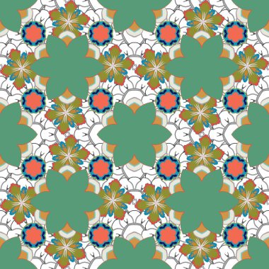 Geometrik tekrarlayan vektör süslemesi sarı, yeşil ve gri elementlerle. Kusursuz soyut modern çok renkli desen.