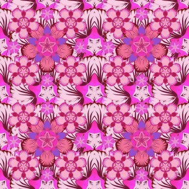 Raster illüstrasyonu. Mor, pembe ve kırmızı renklerde biçimlendirilmiş çiçeklerle kusursuz çiçek deseni..