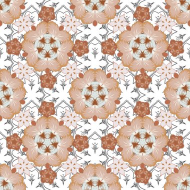 Kahverengi, turuncu ve bej renklerde kusursuz bir soyut çiçek deseni. Stock vektör illüstrasyonu. Klasik stil.