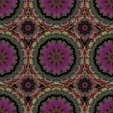 Vektörsüz damaske deseni, klasik duvar kağıdı, arka plan. Siyah arkaplanda kırmızı, kahverengi ve mor renkli süsleme kenarlığı.