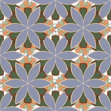 Çiçekli, şık duvar kağıtları. Çiçek açan çiçeklerin ve yaprakların bej, yeşil ve turuncu renklerde olduğu dikişsiz bir desen. Soyut vektör arkaplanı.