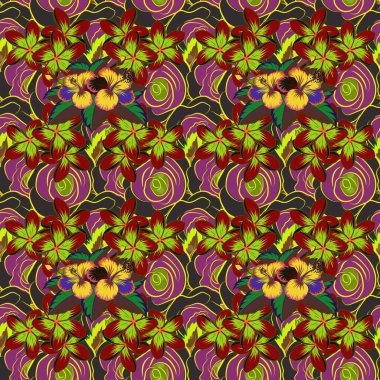 Tropikal bitkiler ve kahverengi, yeşil ve kırmızı amber çiçekleri ile yaz Hawaii 'nin pürüzsüz deseni. Kusursuz Vektör illüstrasyonu.