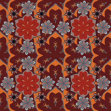 Turuncu, kırmızı ve kahverengi renkli vektör çiçek deseni. Çizgili arkaplanda suluboya desensiz.