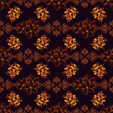 Dekoratif primula çiçekleri ve siyah, kahverengi ve turuncu yapraklarla kusursuz arkaplan deseni.