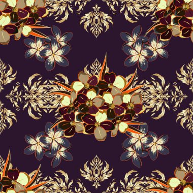 Soyut, şirin, kahverengi, bej ve gri renkli primula çiçeklerinin olduğu bahar kağıdı. Çiçeksiz desen. Vektör illüstrasyonu.