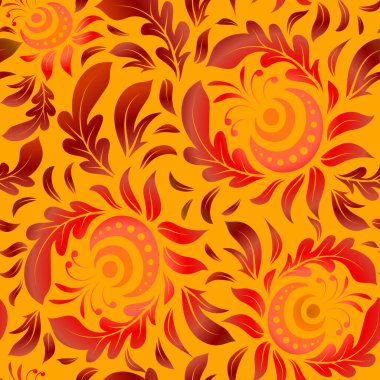 Klasik sarı, turuncu ve kırmızı dikişsiz desen, soyut brokar kumaş deseni, kumaş, baskı veya ambalaj kağıdı için karışık stilize elementler..