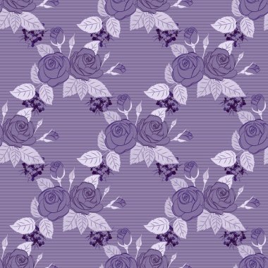 Geçmişi, tekstili, ambalaj kağıtları, tebrik kartları için. Soyut gül çiçekleri ve mor, gri ve mor renkli yeşil yapraklardan oluşan suluboya buketi olan romantik, pürüzsüz bir desen. Raster tasarımı