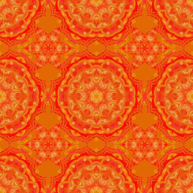 Çiçekli ve Mandala elementli zarif, pürüzsüz bir desen. Güzel kırmızı, turuncu ve siyah el çizimi, pürüzsüz vektör çizimi.