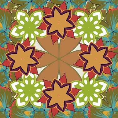 Çiçekler ve yapraklar kahverengi, yeşil ve turuncu renklerde..