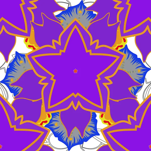 病媒Mehndi无缝模式 印度传统风格 装饰紫罗兰 橙色和紫色元素 带有指甲花纹身 迷幻药和瑜伽设计 卡片和印刷品 — 图库矢量图片