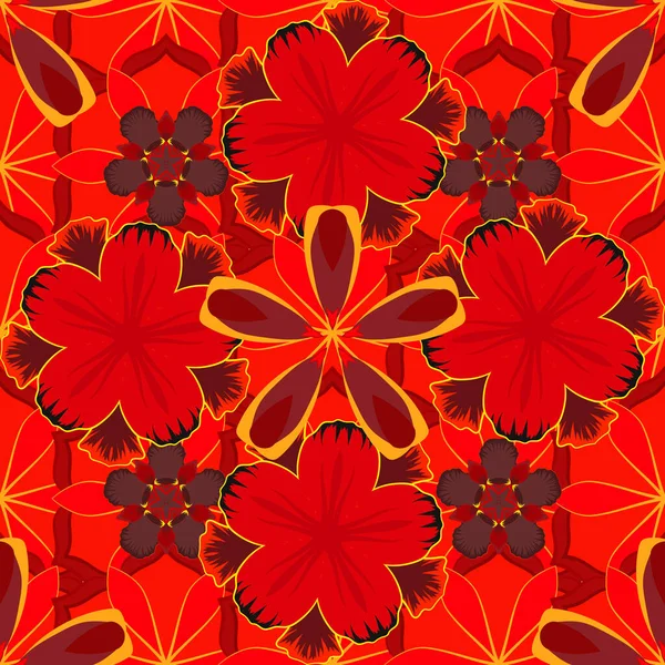 Frühlingspapier Mit Abstrakten Niedlichen Blüten Gelben Roten Und Orangefarbenen Farben — Stockvektor