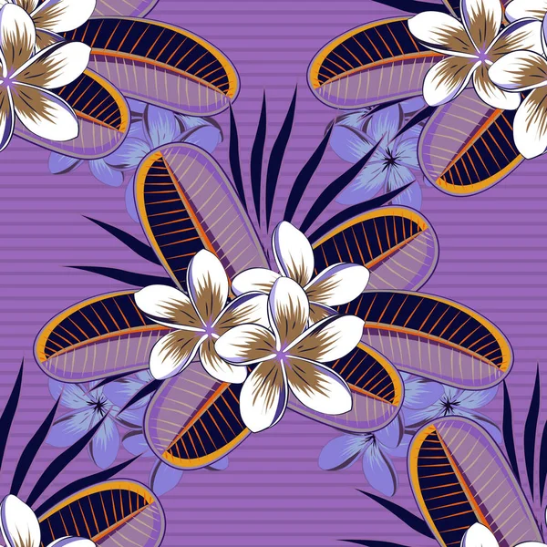 Plumeria Flores Patrón Sin Costuras Colores Azul Púrpura Violeta Lindo — Vector de stock