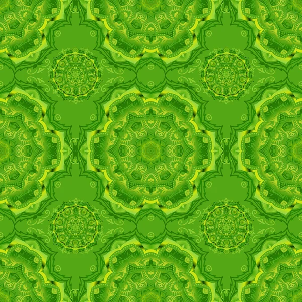Élégant Motif Vert Sans Couture Avec Des Éléments Floraux Mandala — Image vectorielle
