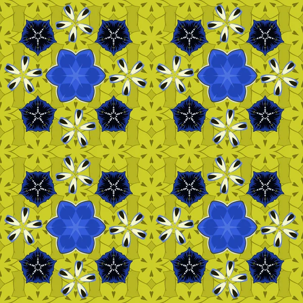 Bloemen Vintage Naadloos Patroon Blauwe Zwarte Gele Kleuren — Stockvector