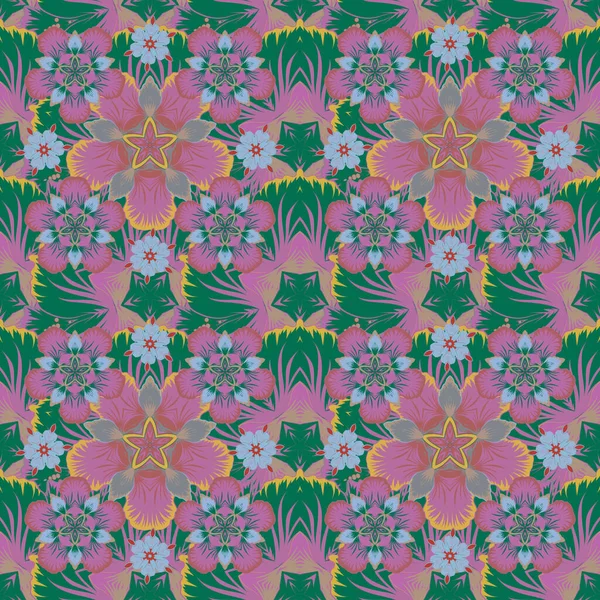 Εικονογράφηση Διανύσματος Απρόσκοπτη Μοτίβο Χαριτωμένα Λουλούδια Πράσινο Ροζ Και Μπλε — Διανυσματικό Αρχείο