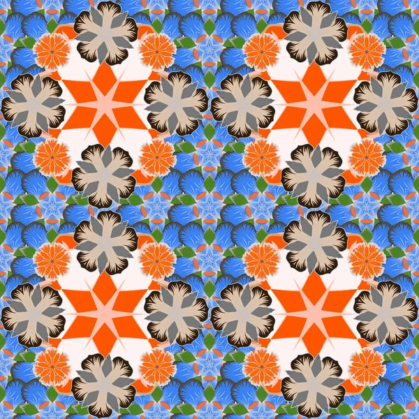 Seamless Hand Drawn Vector Flower Pattern Orange Beige Blue Colors — Stock Vector