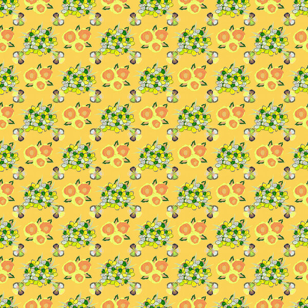 Vector illustration. Floral seamless pattern. Spring paper with abstract cute primula flowers in green and yellow colors.