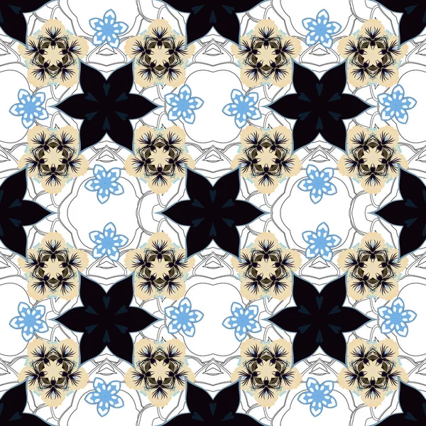 Çiçekleri Yaprakları Mavi Gri Siyah Renklerde Olan Kusursuz Çiçek Deseni — Stok Vektör
