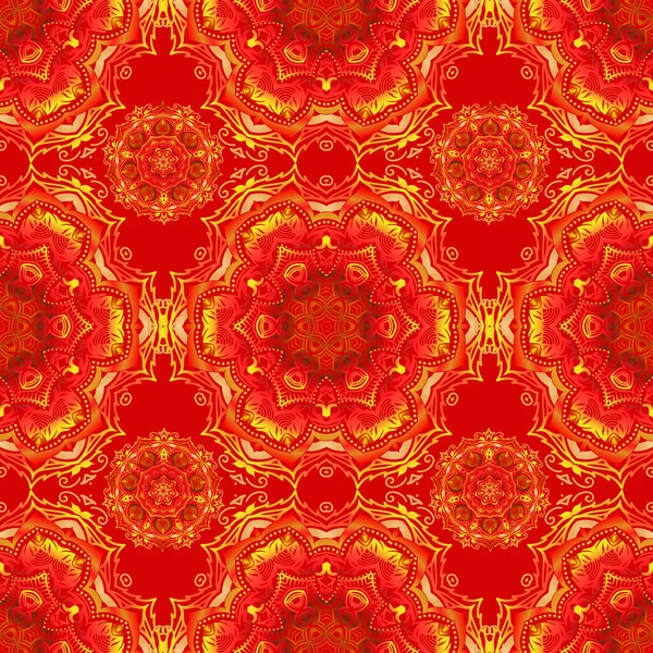 Vektorillustration Damast Nahtloses Florales Hintergrundmuster Roten Orangen Und Gelben Farben — Stockvektor