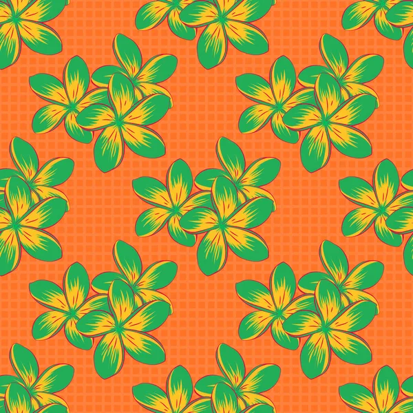 Plumeria Flowers Seamless Pattern Green Yellow Orange Colors Cute Vector — Stock Vector