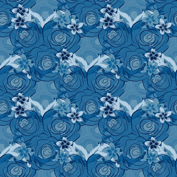 Stylized Hand Drawn Blue Roses Vector Trendy Seamless Floral Pattern — Stock Vector