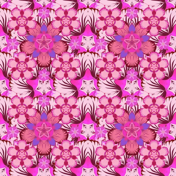 Rastrová Ilustrace Bezešvé Květinové Vzory Stylizovanými Květy Purpurové Růžové Červené — Stockový vektor