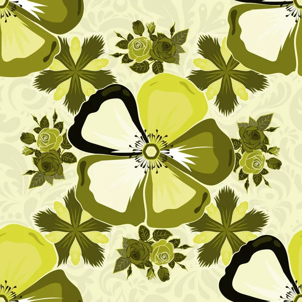 1950年代から1960年代のモチーフ 手描きの花の要素を持つ抽象的なシームレスベクトルパターン 秋の色 レトロなテキスタイルデザインコレクション ベージュ 黄色のコスモスの花のシルクスカーフ — ストックベクタ