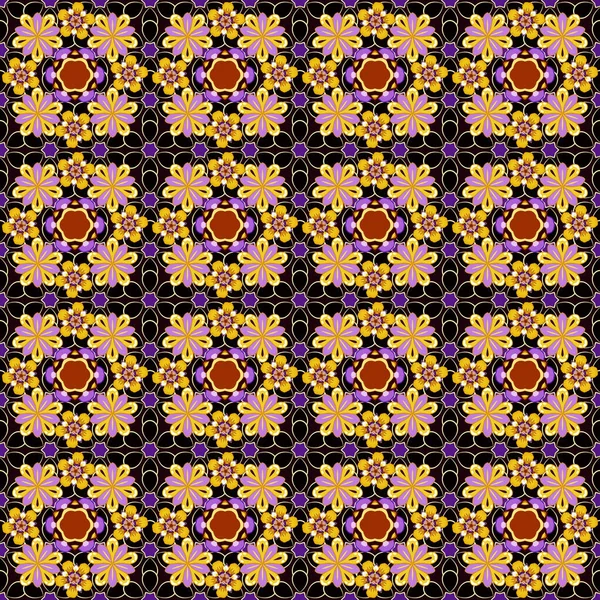 Seamless pattern of abstrat flowers in yellow, violet and brown colors. Vintage style. Stock illustration.